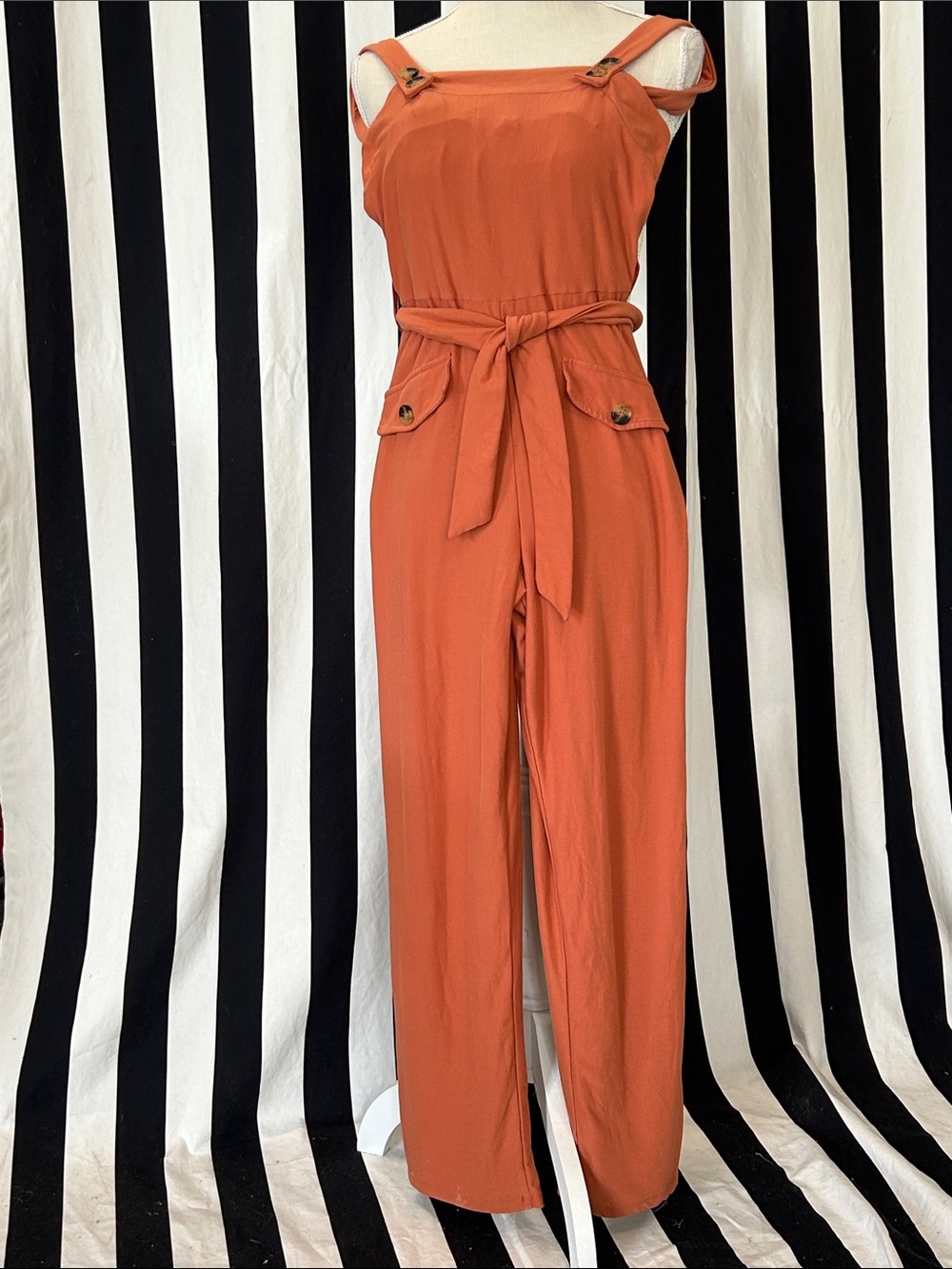 Derek Heart Rust Orange Sleeveless Jumpsuit with Tie Belt